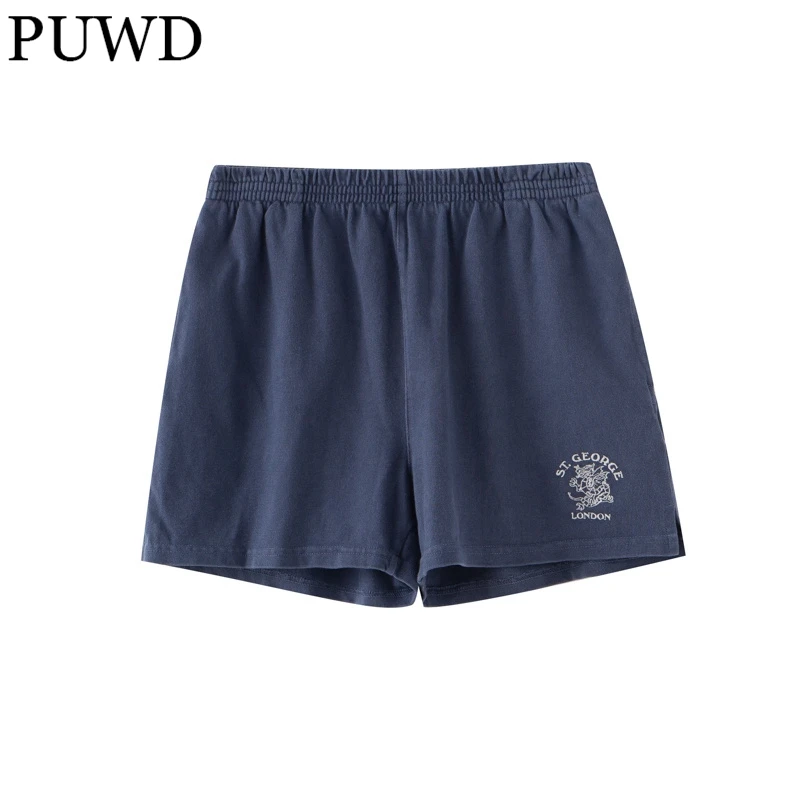 PUWD Casual Women Letter Embroidery High Waist Shorts 2022 Summer Fashion Ladies Cotton Streetwear Shorts Girls Chic Bottoms