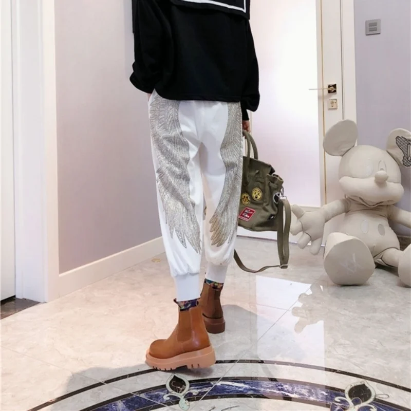 Harem Pants Womens Rhinestone Wings Golden Silver Streetwear Female Fashion Harajuku Pants Radish Loose Casual Sports Sweatpants