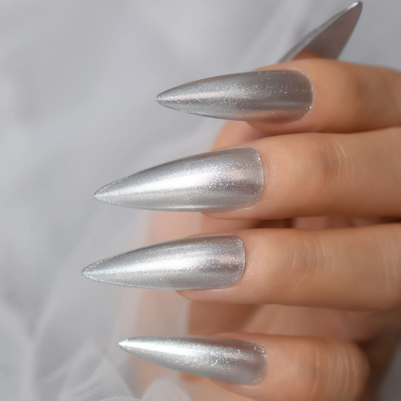 Polvo de plata brillante, punta afilada, Stiletto superlargo, Uñas postizas, calcomanías para salón de belleza, puntas artificiales