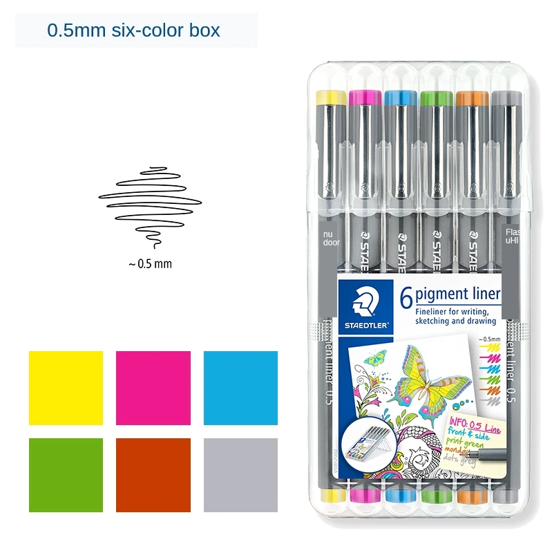 Staedtler 308 SB6P Pigment Liner Fineliner Technical Drawing Pens Assorted Line Width - Set of 6