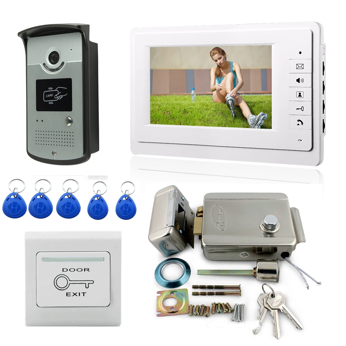 New 7 inch Wired Video Door Phone Intercom Entry System 1 Monitor + 1 RFID Access HD Camera Electric Strike Lock