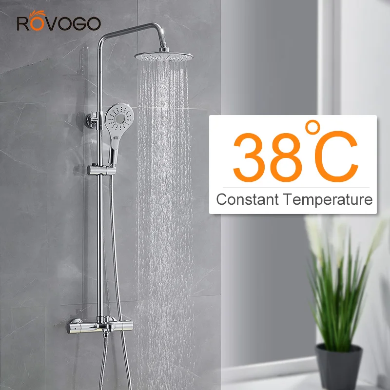 

ROVOGO Constant Temperature Shower Faucet Set,Double Knobs Handle Triple Function Tub Spout Shower Fixture Combo System (Chrome)