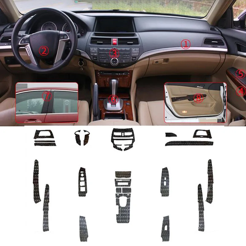 For Honda Accord 2008 2009 2010 2011 2012 2013 Glossy Carbon Fiber Sticker Interior Trim Vinyl Decal Kit