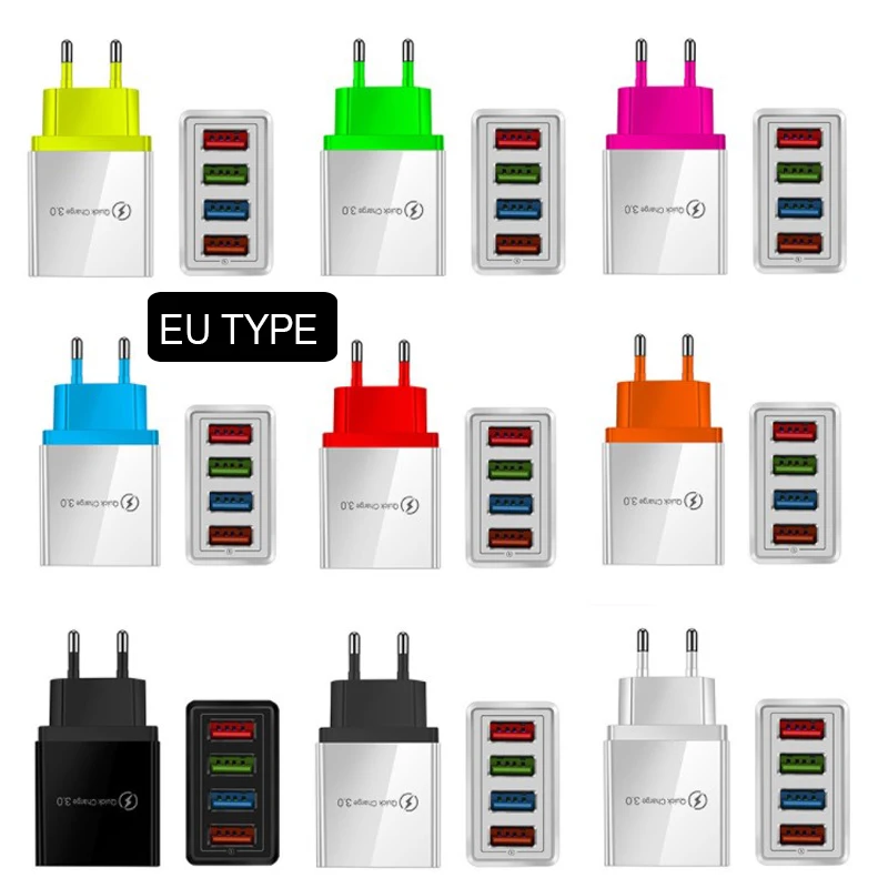 EU/ US Standard Conversion Plug with 4 USB Quick Charge 3.1A 100-240V Wall Fast Color Chargers Travel Adapter CE ROHS Certified