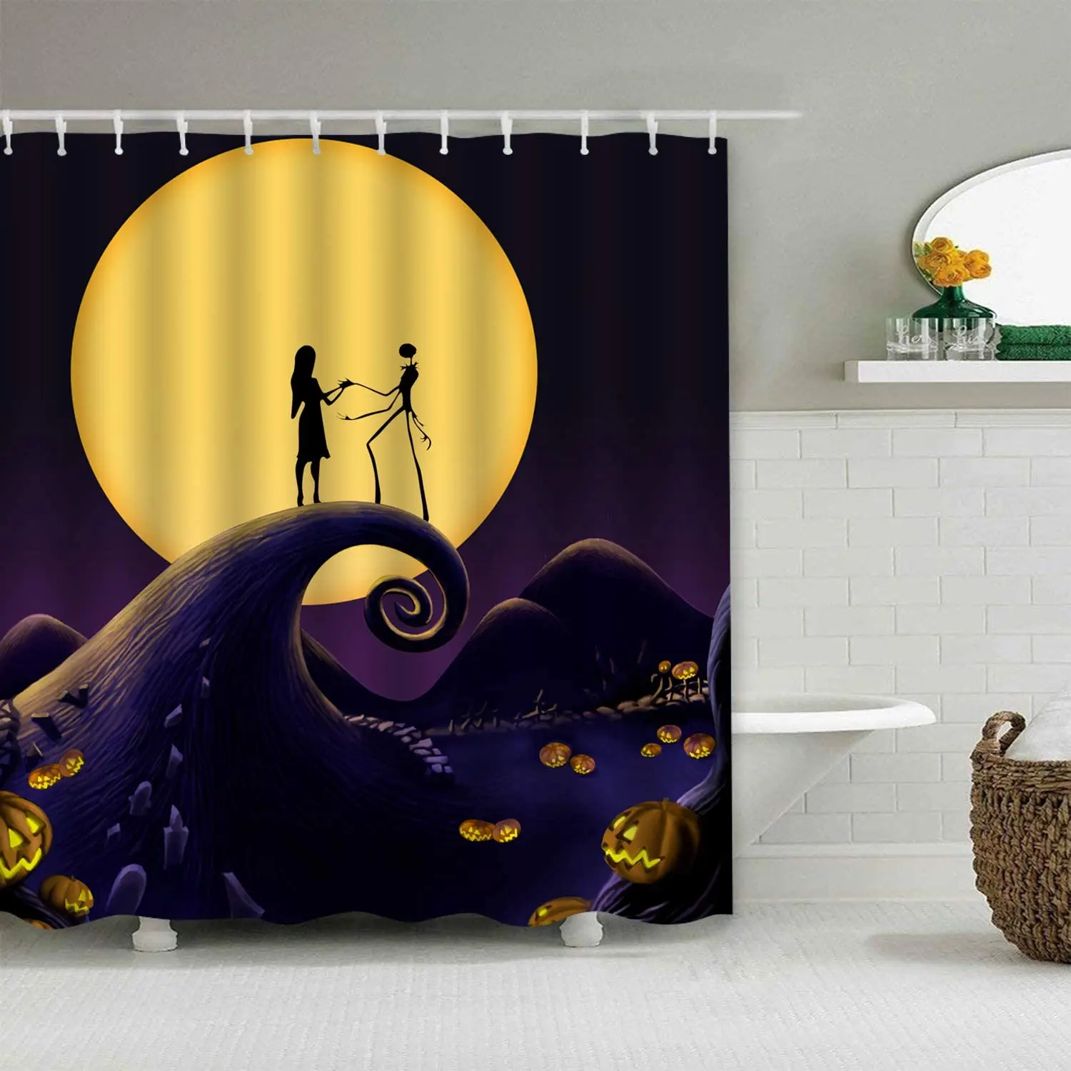 Happy Halloween Romantic Design Cartoon Shower Curtain Waterproof Fabric For Kids Bathroom Decoration With Hooks