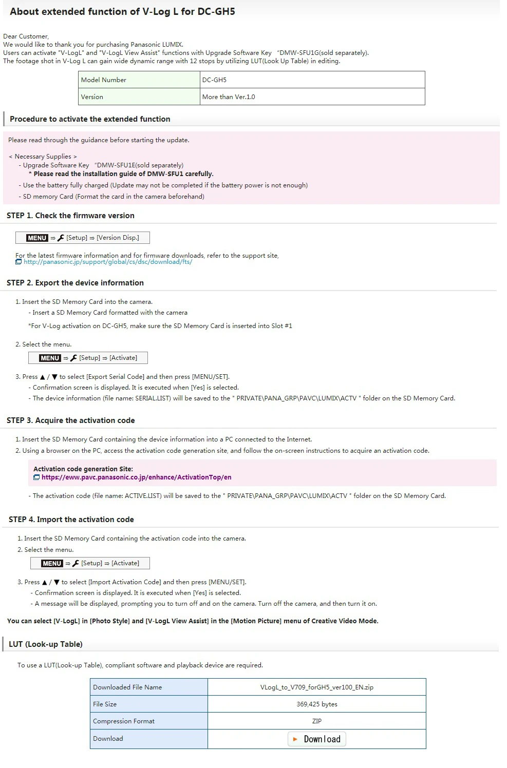 Genuine Panasonic DMW-SFU1 V-Log L Update Software Key For Lumix GH4 GH5 FZ2500