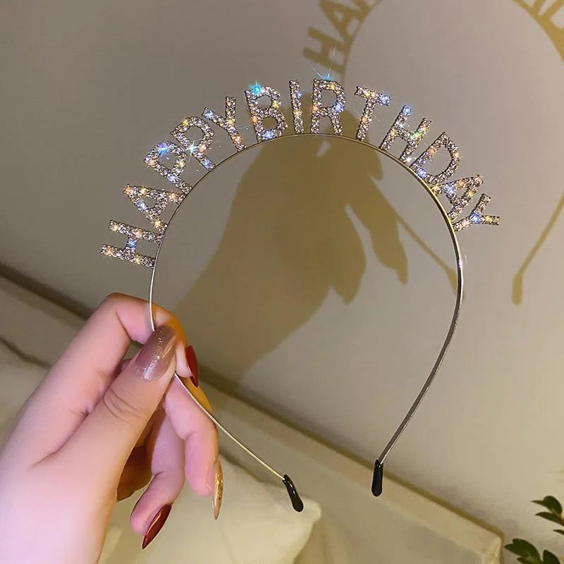 Happy Birthday Headband Hair Hoop Woman Rhinestone Letter Hairbands Light Luxury Metal Headband Women Girl Kids Crowns Hair Hoop