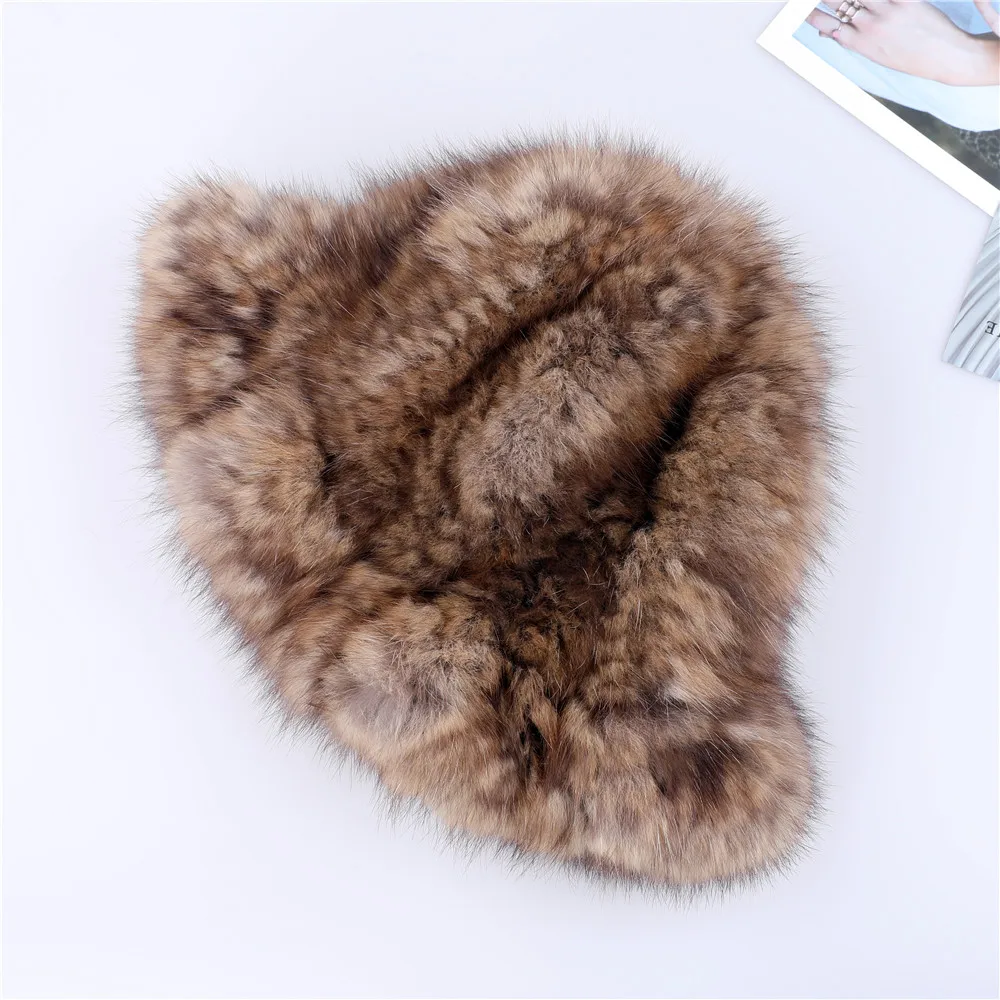 Highend Women\'s Winter Knitted 100% Real Sable Fur hat Fur Top Bucket Cap Female Warm Thick