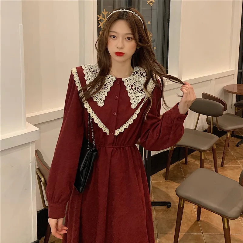 Lace Peter Pan Collar Waist Slimming Dress 2020 New Women's Autumn and Winter Retro Mid-Length Temperament Dress fairy dress