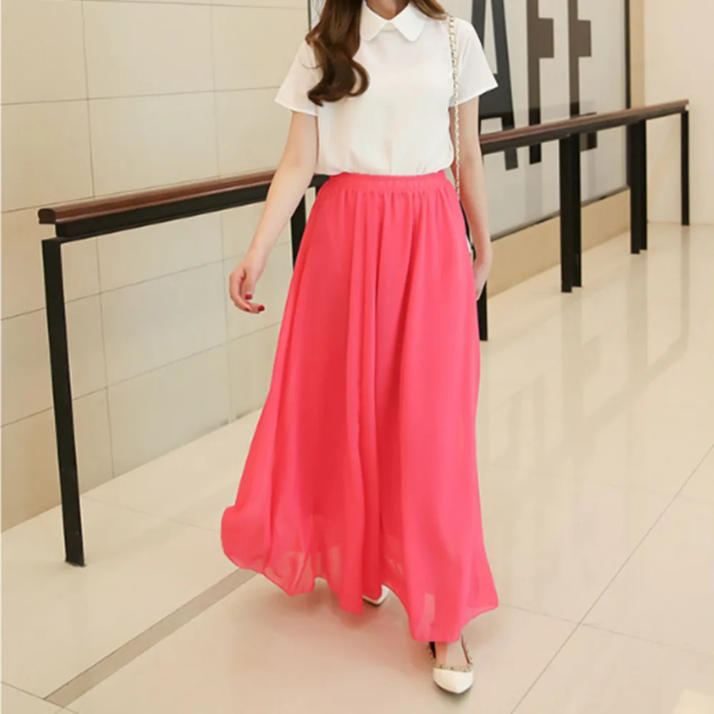 HongBiTu Women Sexy beautiful stretch High Waist Pure color  Chiffon Skirt Dance skirt YF045