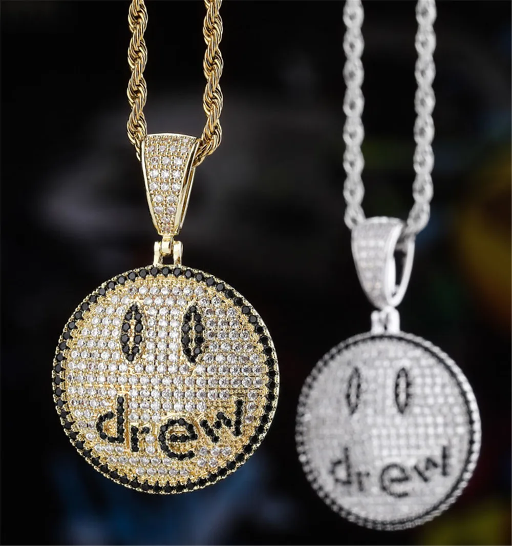 Hip-hop Trend Drew Smile Face Pendant Necklace High Quality Micro Inlaid Zircon Street Personality Fashion Jewelry