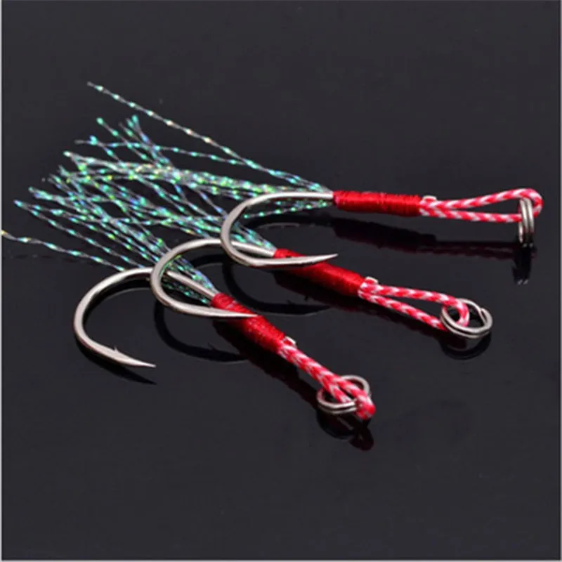 5pcs/Lot Fishing Lure Slow Jigging Hooks Barbed Single Cast Jigs Assist High Carbon Steel Hook Thread Feather Pesca Accessories