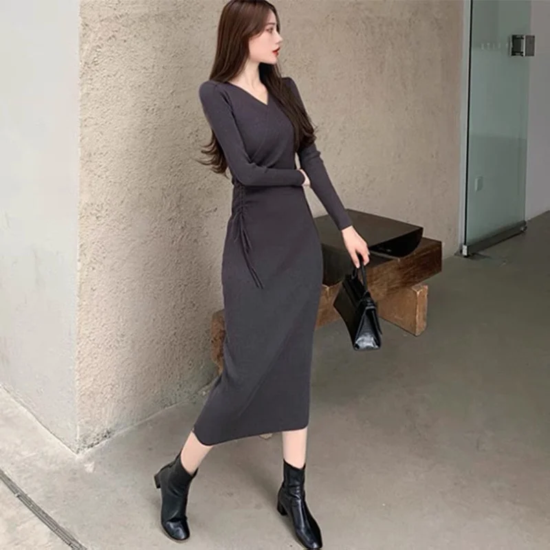 

Women's Maxi Dress Knit Sweater Dresses Womens V-neck Drawstring Long Dress Loose Women Clothing