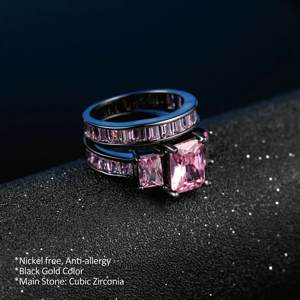 Double Fair Luxury Square Cut Black Gold Color Pink Crystal Finger Ring Sets Fashion Brand Punk Style Jewelry For Women DFDD002