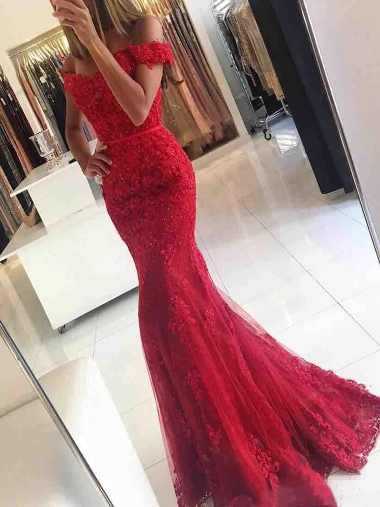 2020 Red Lace Mermaid Prom Dresses veatidos off Shoulder Beaded Appliques Tulle Floor Length Long Evening Occasion Party Gowns