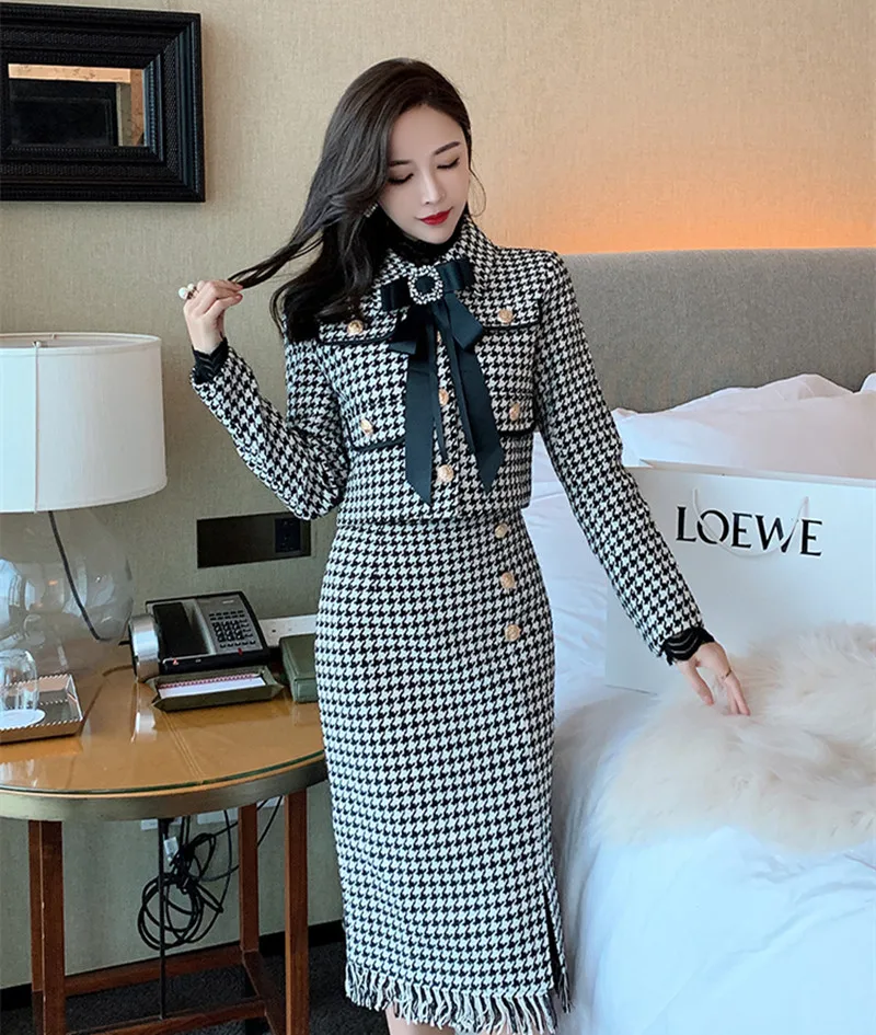 

BLLOCUE Houndstooth Wool Tweed Suit Winter Women's Golden Buttons Bowknot Short Jacket Coat+Tassels Pencil Skirt 2 Piece Set