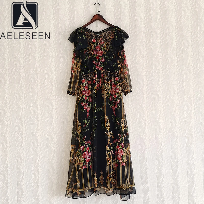 

AELESEEN Vintage Women Maxi Dress 2022 Spring Summer Runway Fashion Ruffles Flower Print Elegant Party Long Chiffon Vacation