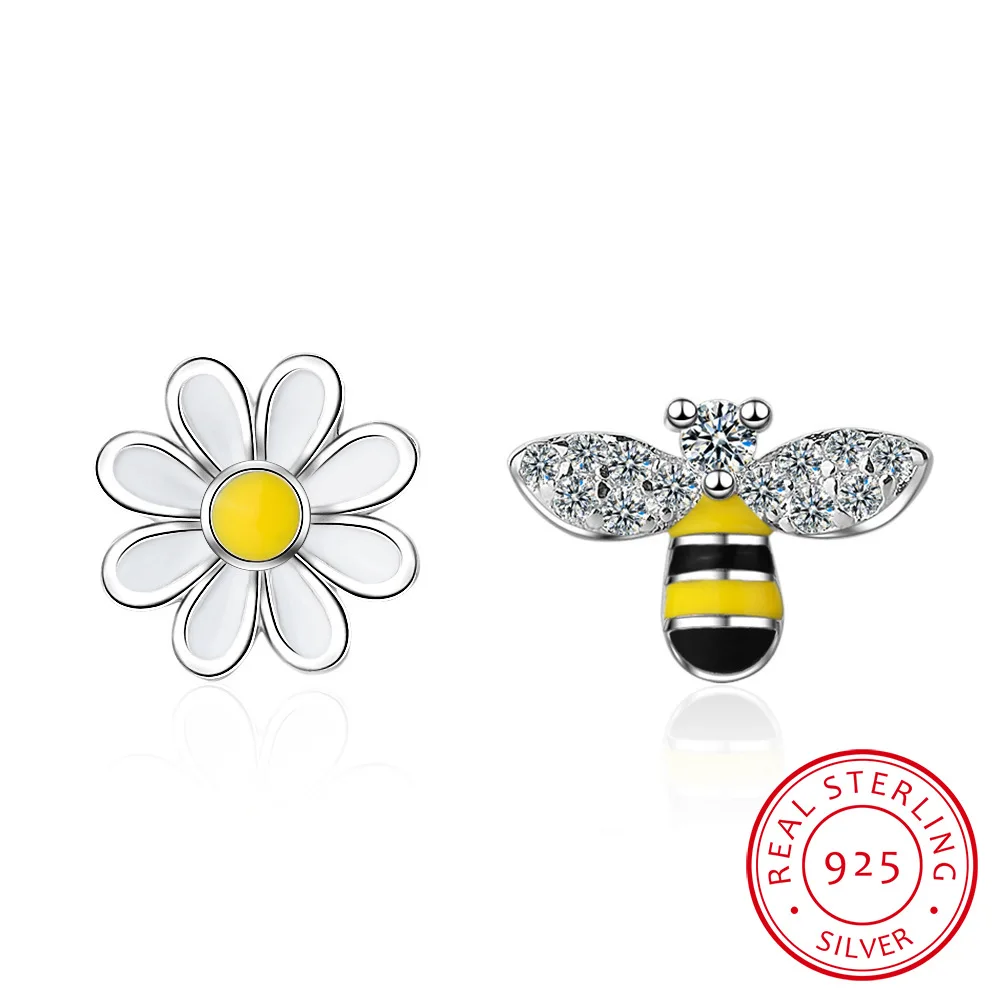 Real 925 Sterling Silver Lovely Asymmetry Bee & Sun Flower Zirconia Stud Earring boucle d'oreille for Women Fine Jewelry