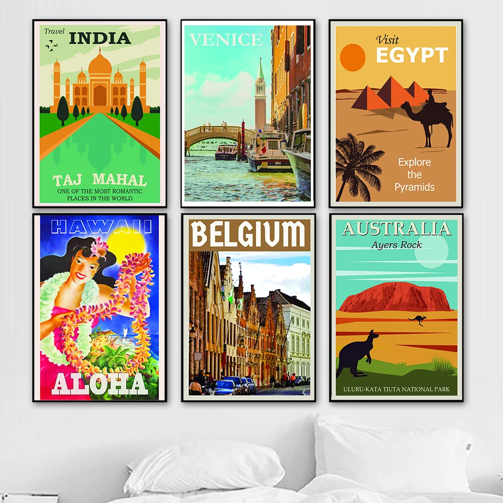 Vintage Weltreise Poster und Druck Stadt Illustration Wandkunst Ägypten Indien Hawaii Leinwand Malerei Nordic Schlafzimmer Dekor Bilder