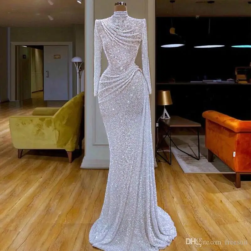 Glitzernde Meerjungfrau-Abendkleider, hoher Kragen, Pailletten, Perlen, lange Ärmel, Sweep-Zug, formelle Partykleider, maßgeschneidertes Abendkleid