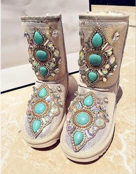 Luxury Giltter Diamonds Turquoise Stone Embellished Snow Boots Winter Plush Warm Boots Ladies Bling Mid Boots