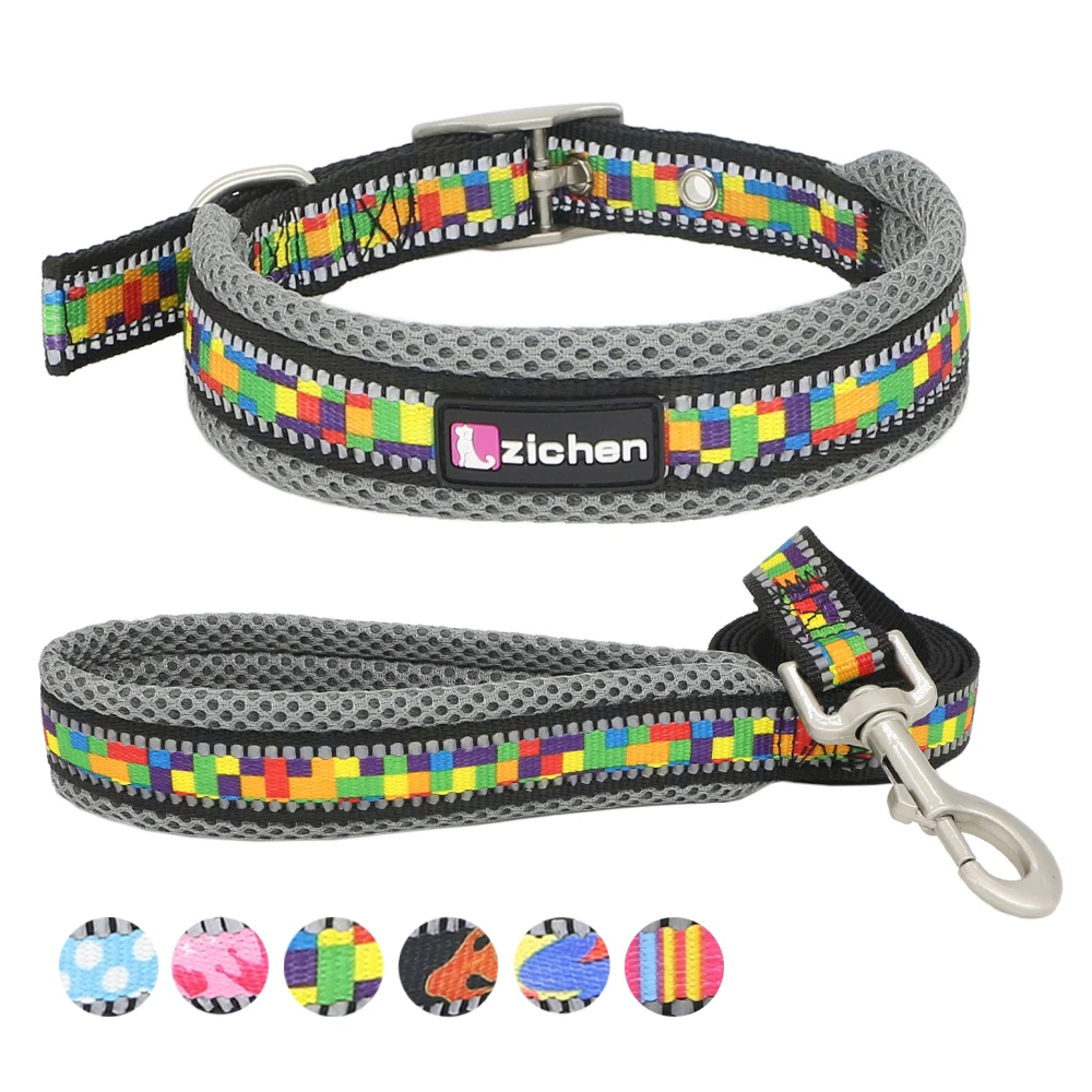 Reflective Dog Leash Collar Set, Adjustable Printed Mesh, Nylon, Durable, Small, Medium, Large Pets Collars