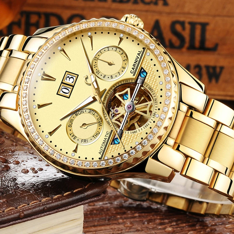 

Carnival Mens Gold Tourbillon Mechanical Watch Brand Luxury Waterproof Luminous Automatic Stainless Steel Watches for Men Reloj