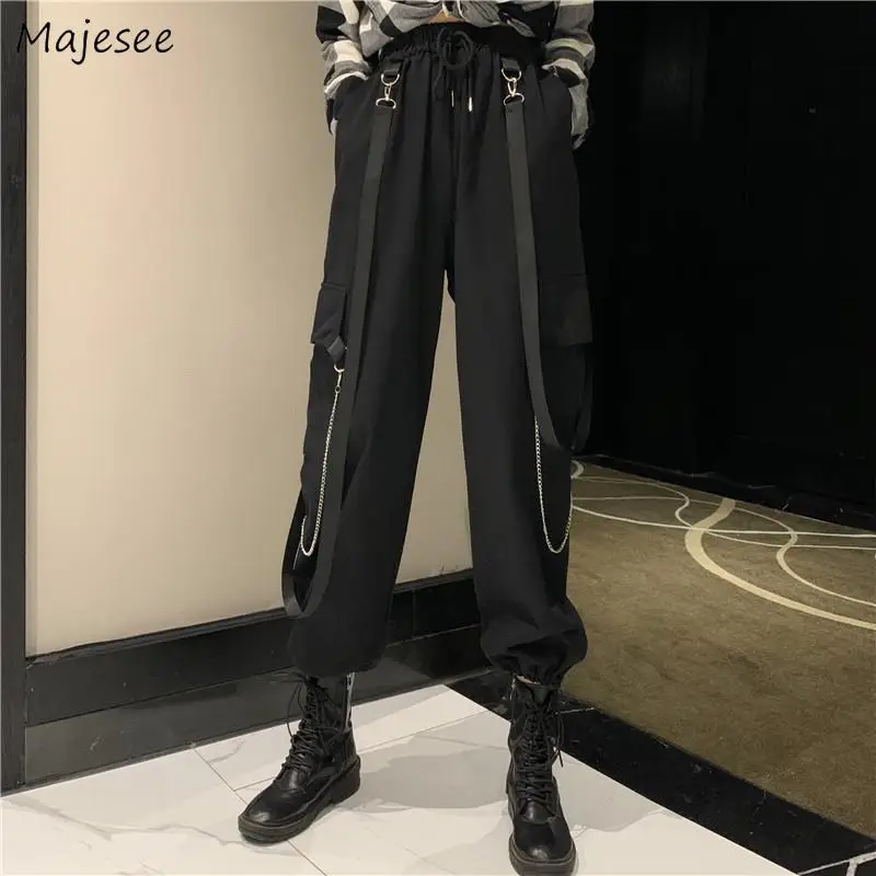 

Cargo Pants Women High Waist Ankle-length Solid Streetwear Fashion Loose Leisure All-match College Chain Student Trousers Chic