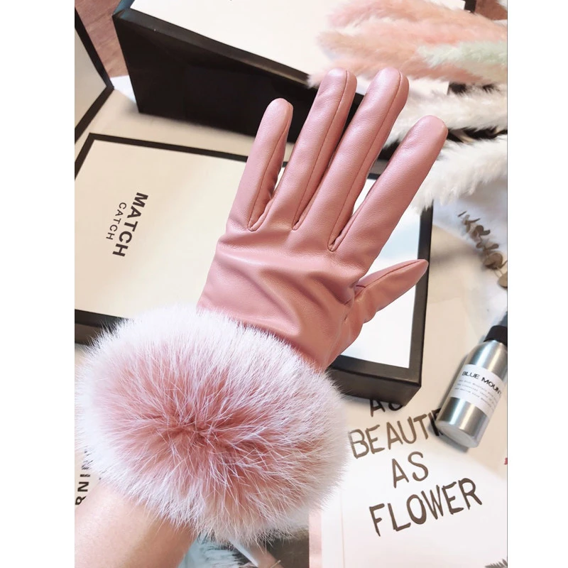 Women's Winter Korean-Style Cute Rabbit Fur Touch Screen Fleece Lined Padded Warm Keeping Waterproof Leather Gloves