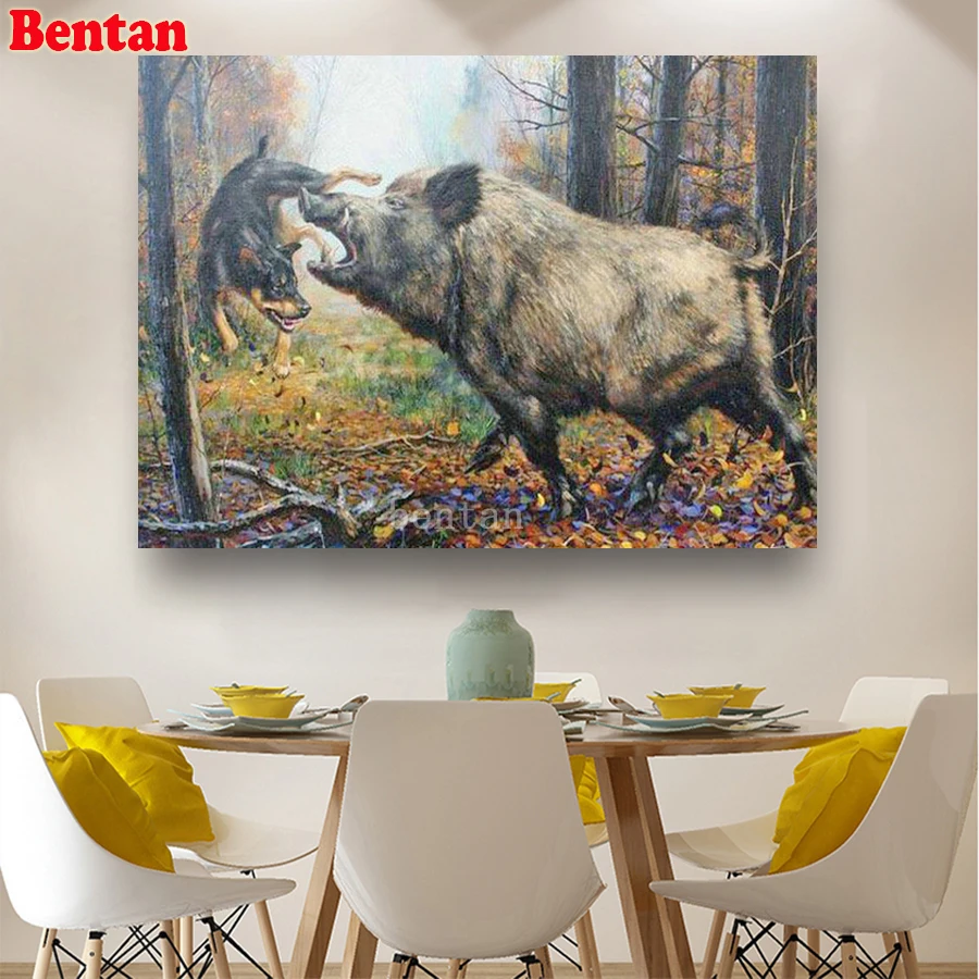 Full Drill Square Round Diamond Painting Wild boar hunting hound forest Diy Diamond Embroidery Cross Stitch Kit Diamond Mosaic