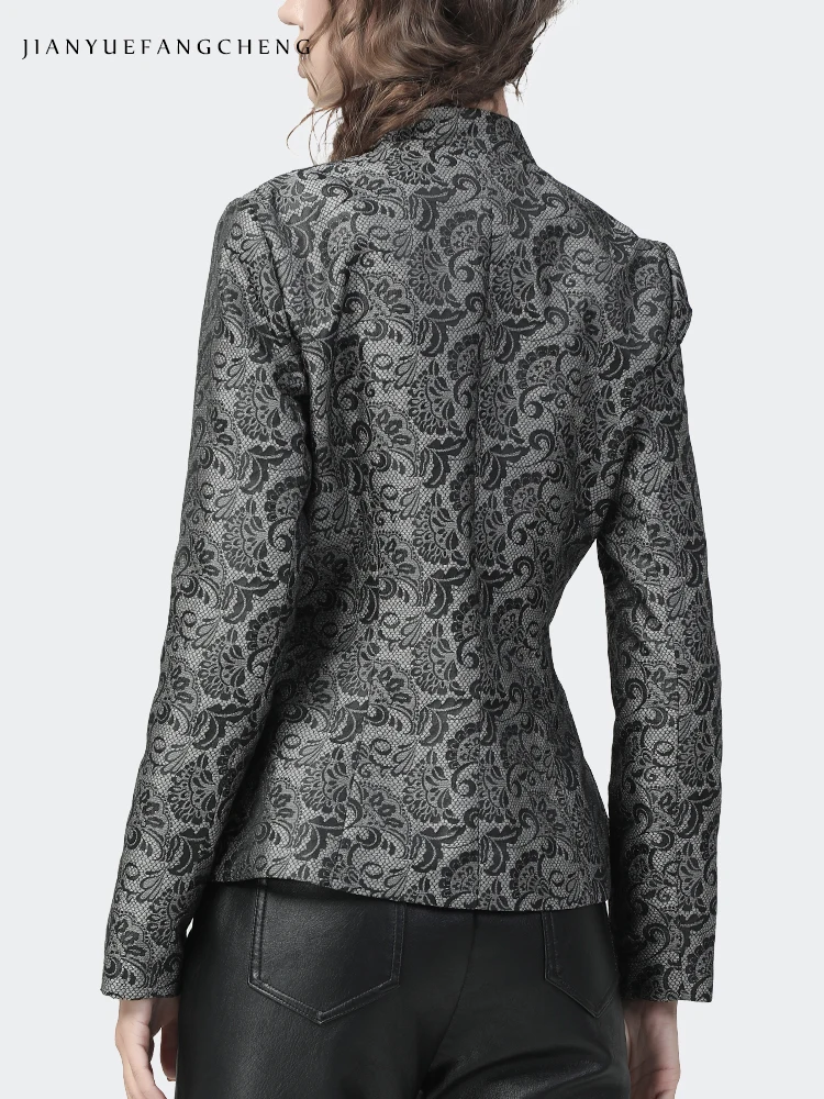 2022 Autumn New Women\' Jacquard Blazer Elegant Suit Collar Long Sleeve Slimming Short Jacket Vintage Casual Office Female Coat