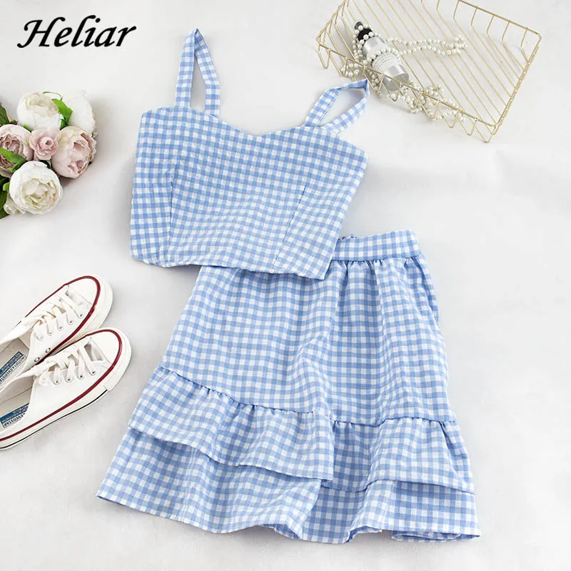 Heliar Women Two Pieces Sets Elastic Spaghetti Crop Tops And Flounce Hem Skirts Cute Outfits Plaid Sets For Women 2024 Summer