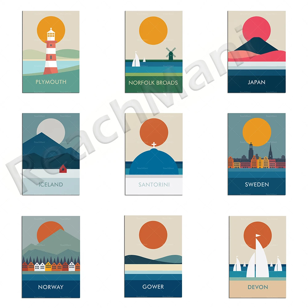 Yorkshire Dales, Gower, Devon, Wales, Three Cliffs Gower, Norway, Sweden, Norfolk Broads, Plymouth Devon travel poster minimalis