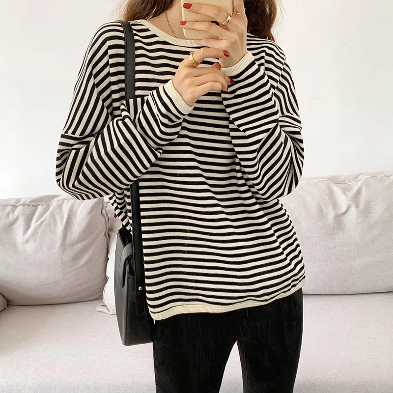 Womens Sweatshirt 2022 Spring Autumn Thin Stripe Pullovers Oversize Loose Drop Sleeves O-neck Casual Knitted Sweatshirts Tops