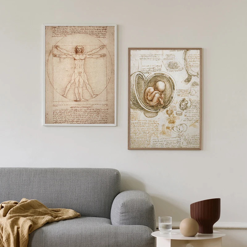 

Leonardo Da Vinci Manuscript Vitruvian Man Posters Deluge Map of Imola Nostalgic Vintage Wall Sticker Decorative Painting