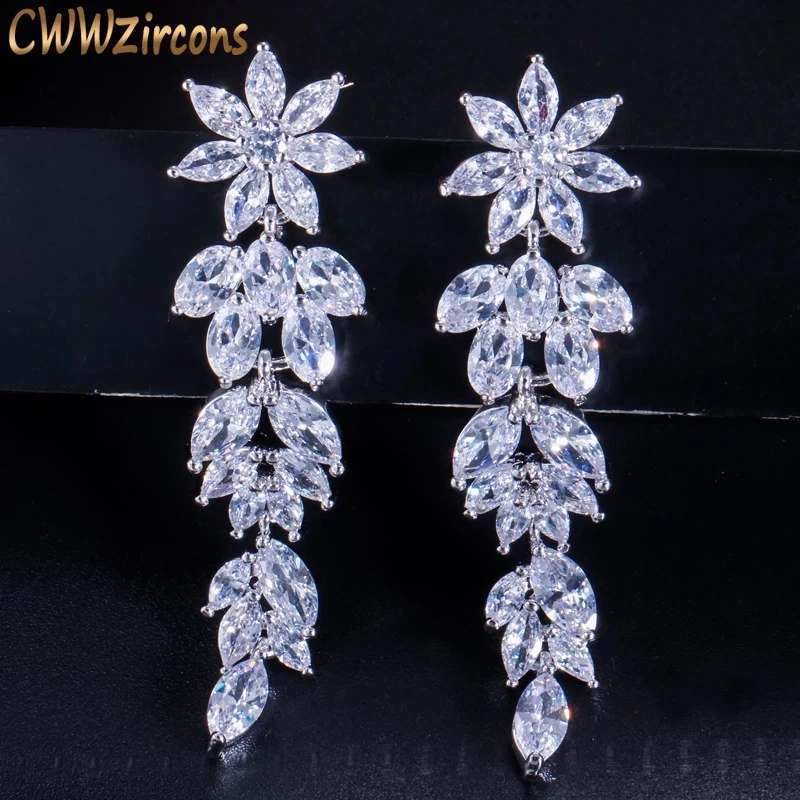 

CWWZircons Роскошные серьги-подвески в форме цветка в форме маркиза, длинные висячие серьги для невесты, свадебные ювелирные изделия CZ432