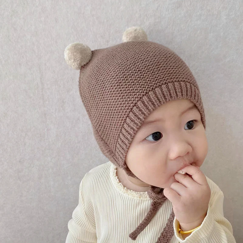 Cartoon Double Pompom Baby Hat Winter Warm Soft Knitted Kids Beanie Hats Solid Color Ear Protection Infant Children Caps