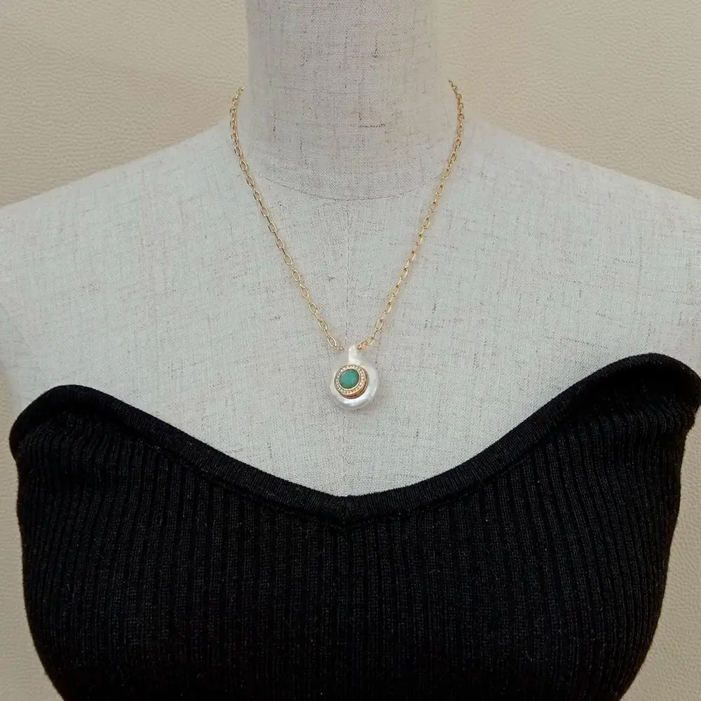 Y·YING natural Cultured White Coin freshwater Pearl Cz Pave Green Amazonite Charm gold color plated Chain Necklace 17\