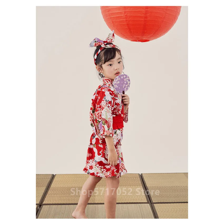 80-140CM Newborn Baby Oriental Japanese Costume Gril Sakura Kimono Dress Kids Luxury Yukata Haori Birthday Fan New Year Clothes