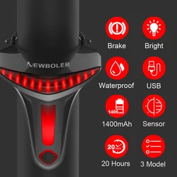 NEWBOLER Sensoring Brake Bicycle Tail Light Auto Star Stop USB Bike Lights LED Cycling Taillight Flashlight For Bike Accessories