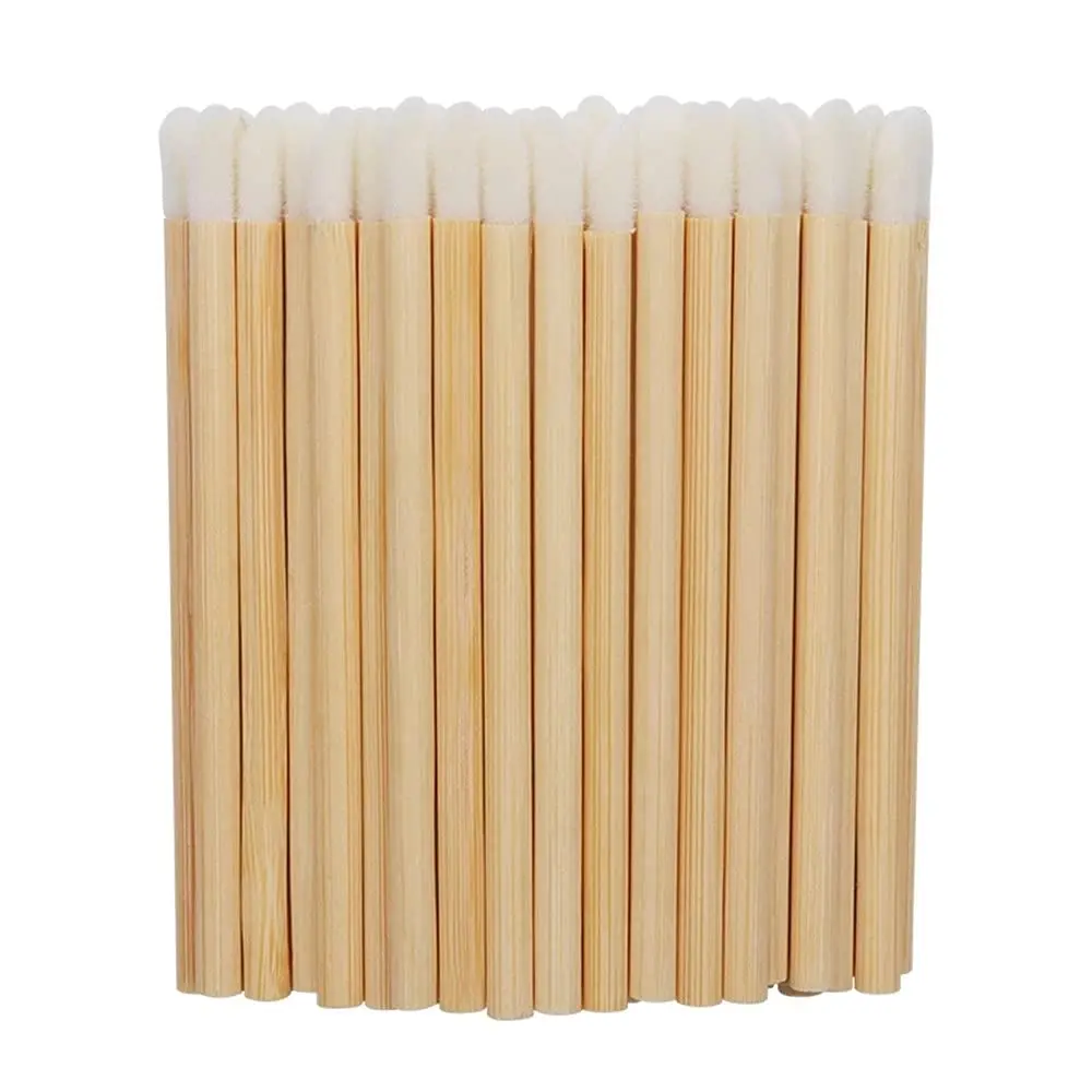 100/200PCS Lip Wands Factory Eco-friendly Nylon Hair Disposable Makeup Lip Brush Applicator with Bamboo Wood Handles