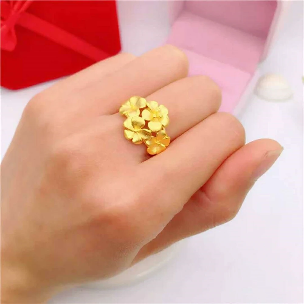 24k Gold Color Engagement Rings For Women Multi Flowers Open Ring Adjustable Anillo Bague Femme Wedding Jewelry Party Gifts