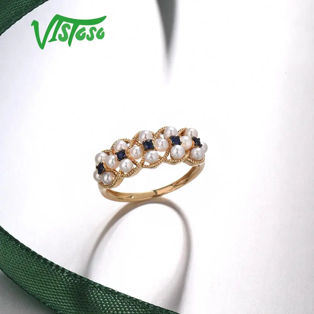 VISTOSO Gold Rings For Women Genuine 14K 585 Yellow Gold Ring Natural Blue Sapphire Fresh Water Pearl Luxury Trendy Fine Jewelry