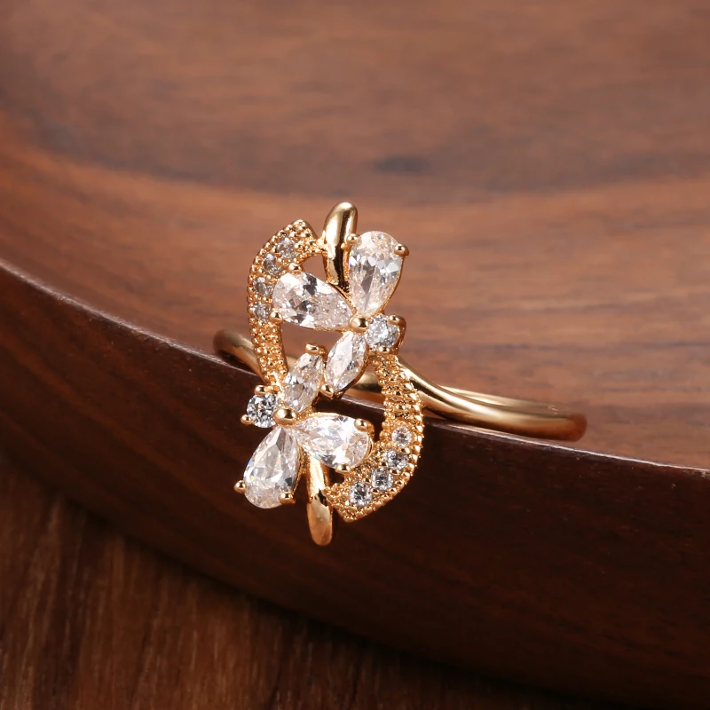 Kinel Luxury 585 Rose Gold Crystal Flower Earrings Ring Sets for Women Natural Zircon Bridal Wedding Vintage Jewelry Sets