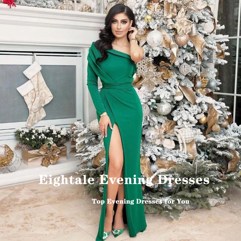 Eigtale-vestido de noche árabe para celebridades, prenda verde esmeralda con un hombro plisado, abertura lateral, Mangas de sirena, para fiesta