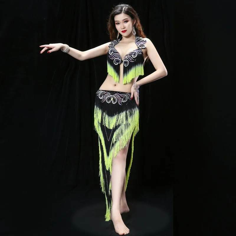 Heavy Tassel Belly Dance Performance Costume Drum Oriental Dance Outfit Bra Skirt Competition Skirt Contrast Color For Women