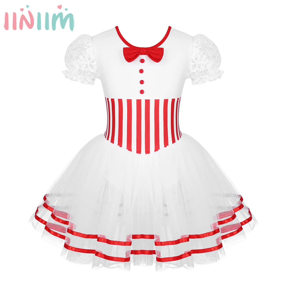 Kids Girls Christmas Dance Costume Lace Puff Sleeves Striped Printed Waist Figure Roller Skating Baton Twirling Leotard Dress