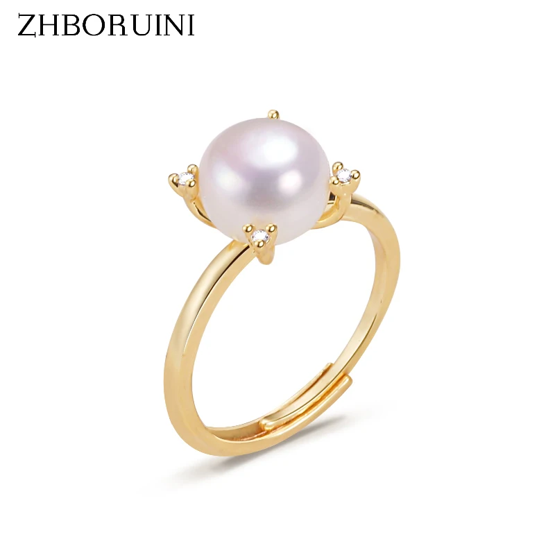 

ZHBORUINI Pearl Ring 14K Gold Plated Real Freshwater Pearl Korean Style Four Claws Cut Zirconia Diamond Ring Jewelry For Woman