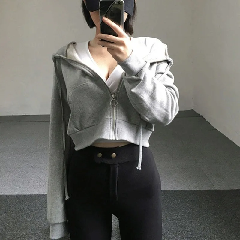 With Hat Hoodies Women Spring Crop Top Solid Zip-up Zippers Ins Simple Leisure Loose Womens Outwears Hooded Jogger Korean Daily