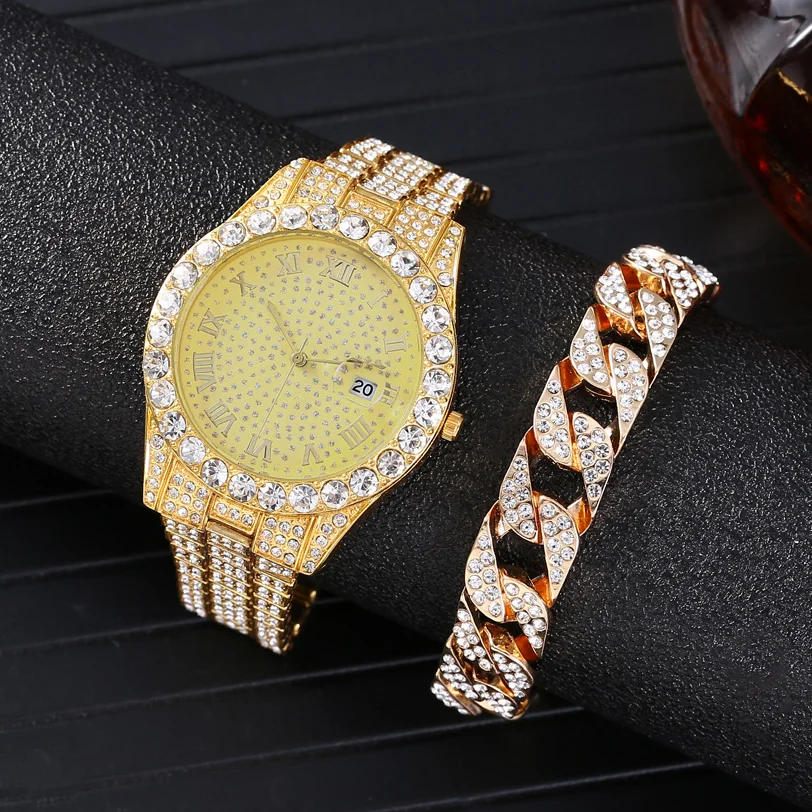 

Iced Out Bracelet + Watches for Men Women Luxury Full Iced Out Watch Quartz Wristwatch Hip Hop Gold Diamond Mens Watch Set Reloj